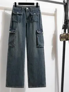 オシャレ 大きいサイズ シンプル ワイドパンツ デニム 大きなポケット 春秋物