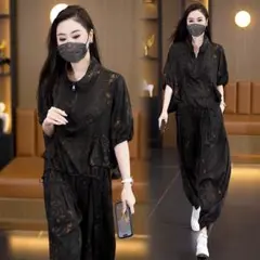 気質 着痩せ ジッパー Tシャツ 2点 セット テーパードパンツ プリント