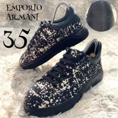 t0083【アルマーニ】厚底 スニーカー 総柄 キャンバス レザー 35 23