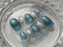 ネイルチップ　青　ブルー　水色　海　夏　リボン　ドット　推し活　ラメホロ