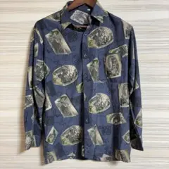 アートデザイン柄シャツ　長袖　 ポリシャツ　パープルMメンズ