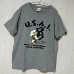 ALPHA アルファプリント半袖 Tシャツ 刺繍 ロゴ ミリタリー 灰 XL