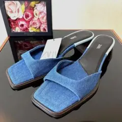 【未使用】ZARA／ザラ　デニムブルー　オープントゥ　サンダル　ヒール　38