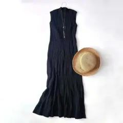 極美品⁑ノーブル　ノースリーブリブニットワンピース　ネイビー　ロング　Aライン