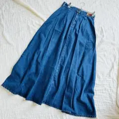 【Lee】古着 タック デニム フレア ロングスカート 革パッチ ブルー M