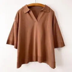 美品 hunch 麻タッチスキッパーニット 6分袖 ゆったり ライトブラウン