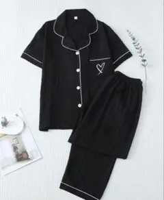夏用　パジャマセット 半袖　前開き　ブラック　Lサイズ　入院にも♪