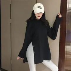 裾スリット 飾りボタン トップス 無地 ロングTシャツ オシャレ サイドスリット
