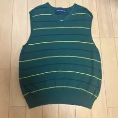緑色ストライプVネックノースリーブベスト