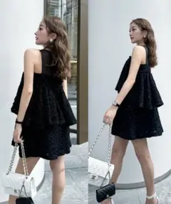 【新作】 シェリエ sheer tweed ruffle mini dress