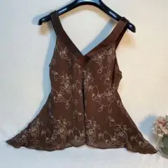 アールジーン Earl Jean ブラウン花柄刺繍キャミソール S 絹100%