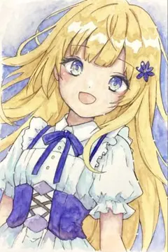 手描きイラスト 女の子 美女 ロン毛 青系 リボン アイドル 金髪