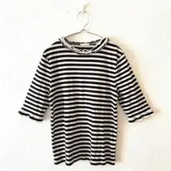 ☆【ジーユー】ボーダーフリルスリースTシャツ リブカットソー 7分袖 M