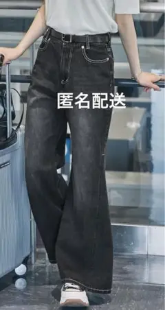 ヴィンテージオーバーダイ加工　ワイドフレアデニムパンツ　ブラック　モノマート　L