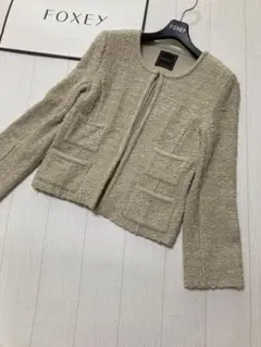 美品 foxey ツイード ジャケット フォクシー ノーカラー ベージュ