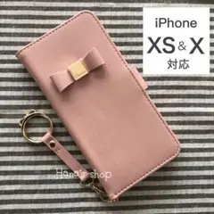 iPhoneXS iPhoneX リボン ストラップ付 手帳型 ケース ピンク