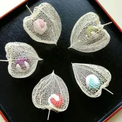 ハンドメイド　縮緬細工　透かし鬼灯　編ほおずき　鬼灯飾り　鬼灯5個セット