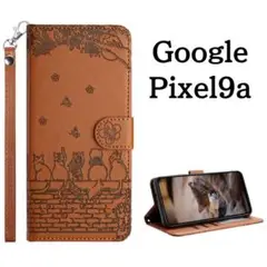 Google Pixel9a ケース 手帳型 猫 花柄 レザー ブラウン カバー