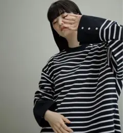 アダムエロペ ボーダーカフスロンTEE ブラック