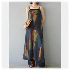 SALE 水彩アートシアーキャミワンピース/チャコール　lumier