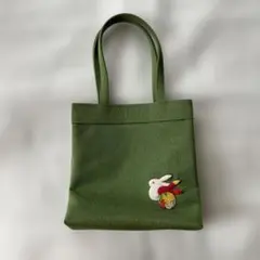 着物浴衣用トートバッグ　緑色　うさぎ刺繍