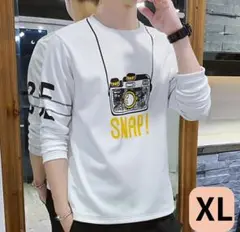 白　メンズ　ロンT　Tシャツ　長袖　柄　カメラ　シンプル　大きい　ゆったり　XL