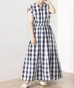 BEAMS HEART / チェック スキッパーネック ロングワンピースSサイズ
