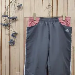 【L】アディダス 刺繍 スリーストライプ トラックパンツ グレー×ピンク