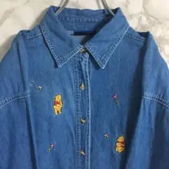【大人気】ディズニー プーさん 総柄 ワンポイント刺繍 デニムシャツ 水色 L☆