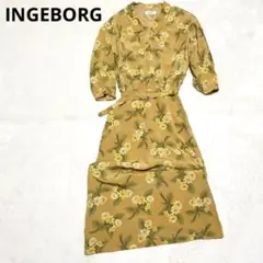 281 INGEBORG ポリサテン ベルト付 ロングワンピース 濃黄色 花柄