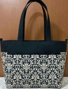 【ハンドメイド】★極美品★サイドポケット付トートバッグ★ダマスク柄★未使用に近い