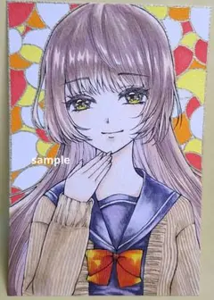 オリジナルイラスト　セーラー服の女の子(秋)　原画　手描き