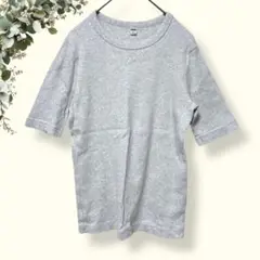 UNIQLO【M】リブクルーネックTシャツ/五分袖/トップス/ライトグレー/細身