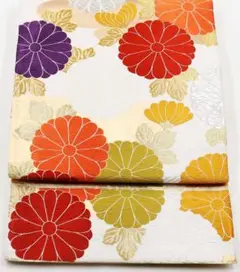 振袖用 袋帯 正絹 白 唐織 菊花 Mサイズ F5789 中古美品