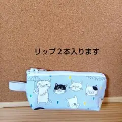 ちっちゃなポーチ　ミニポーチ　リップケース　 印鑑入　◇雨の日、ネコ　ブルー