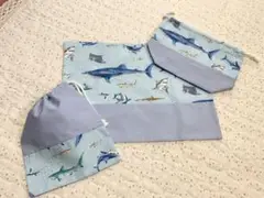 海の生き物給食セット３点マット(25×35)マチ付きお弁当袋コップ入園入学男の子