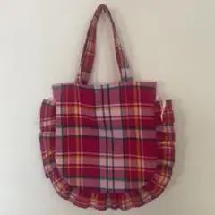 フリルトートバッグ　巾着　インド綿　ピンクチェック
