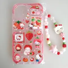 iPhone15ケース　いちご　ハローキティ ストラップ付き