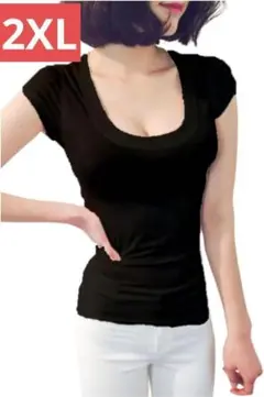 レディース　Tシャツ　半袖　ブラック　シンプル　 デコルテ　綿
