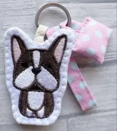 ハンドメイド　刺繍　ボストンテリア　ストラップ　ミニバッグキーホルダー付き　犬