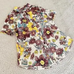 夏薄手★半袖シャツ★レディースブラウス【M】総花柄　アロハ風　カラフル 透け感