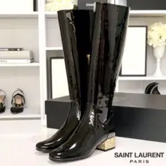 未使用 サンローラン パテント ロングブーツ グリッター 黒