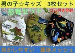 子ども　マスク　キッズ　幼児　男の子　恐竜　ティラノ　黒　緑　白　3枚