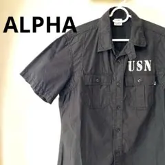ALPHA アルファインダストリーズUSNロゴ 半袖ワークシャツ　黒　Ｍサイズ
