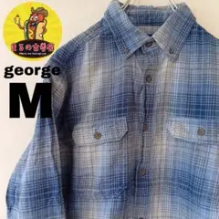 USA古着 george　ネルシャツM　ブルーグレー　オンブレチェック