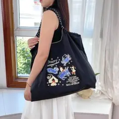 刺繍デザイン 黒エコバッグ 中型尺寸：20*38*54cm