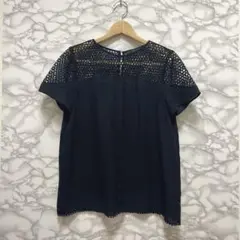 【ZARA BASIC】ザラベーシック ネイビー レース切り替えブラウス L