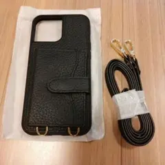 スマホ　ケース ストラップ ショルダー 本革 黒 iPhone13proMAX