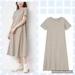 GU ジーユー マーセライズドAラインワンピース ベージュ ロングワンピース