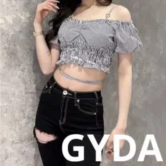 GYDA GGチャームオフショルパフスリーブブラウス ネイビー ストライプ F
